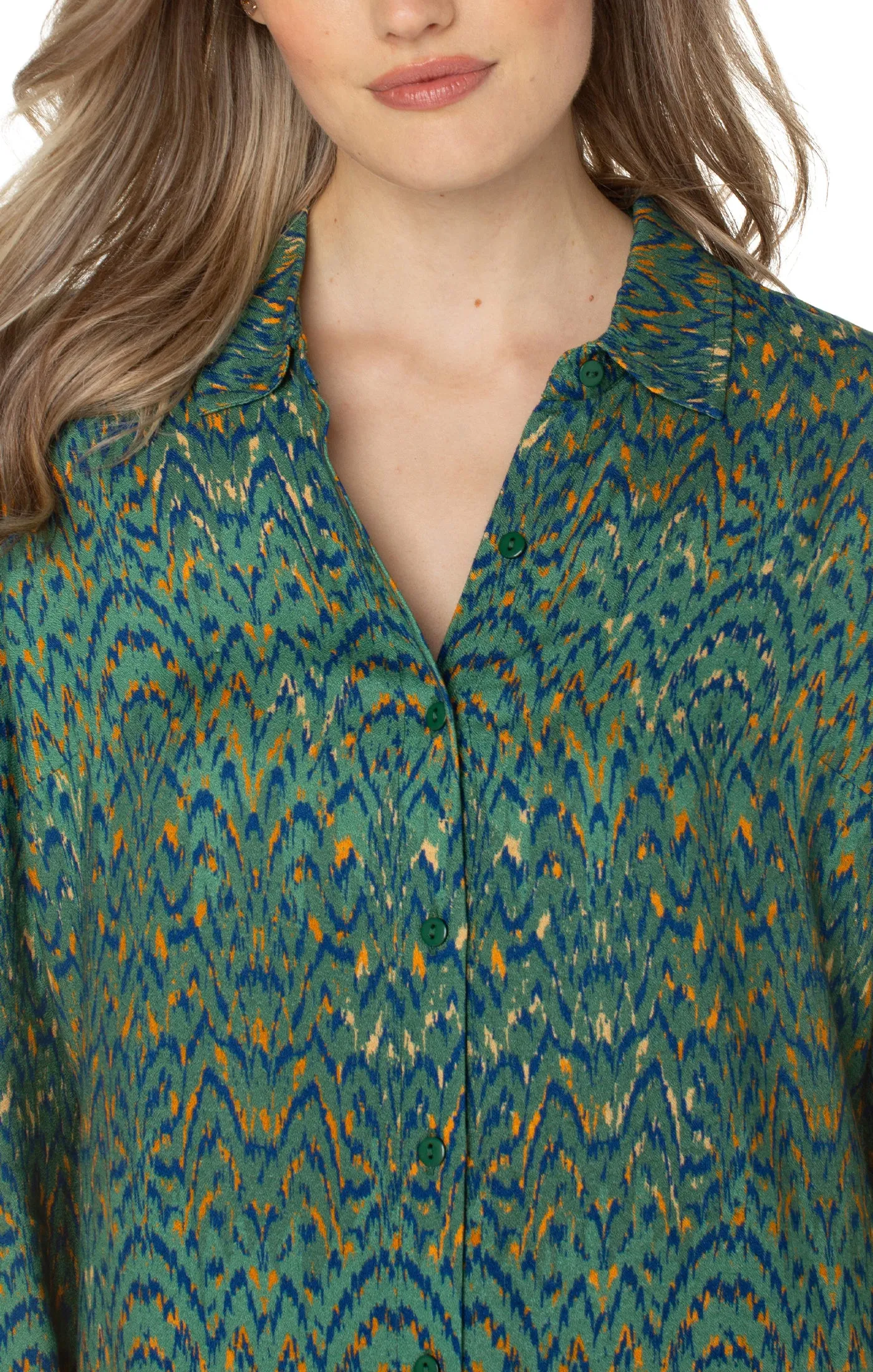 Liverpool Button Up Woven Blouse (Emerald Ikat)