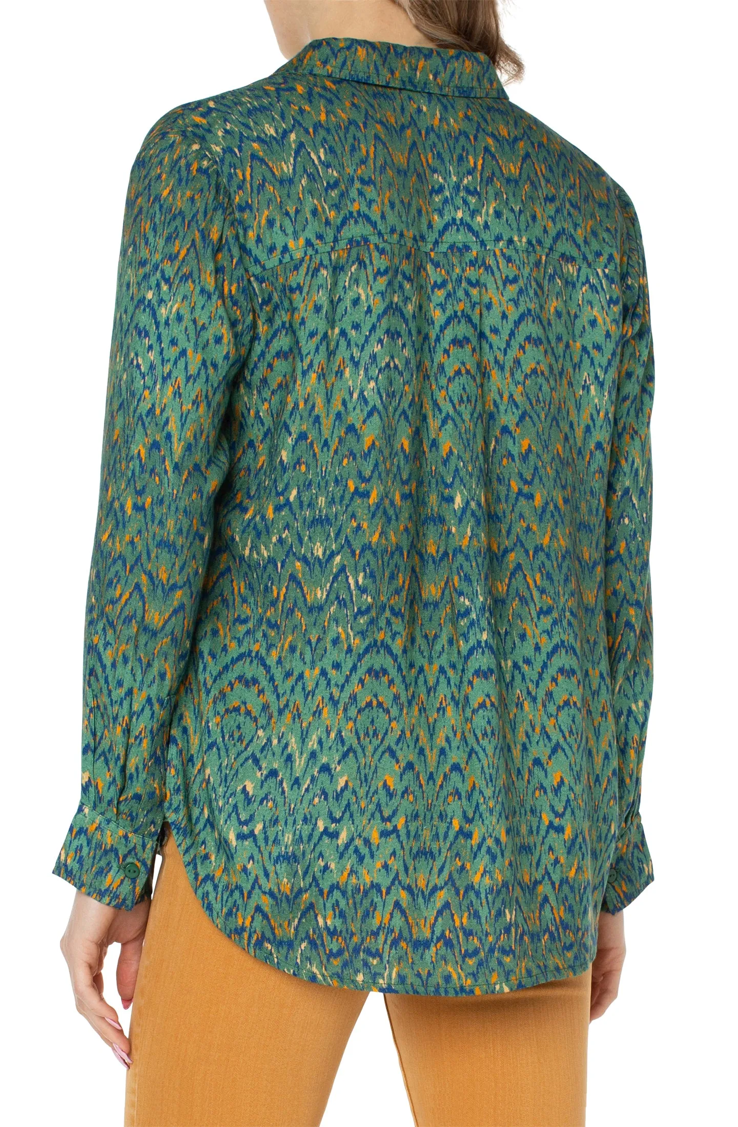 Liverpool Button Up Woven Blouse (Emerald Ikat)