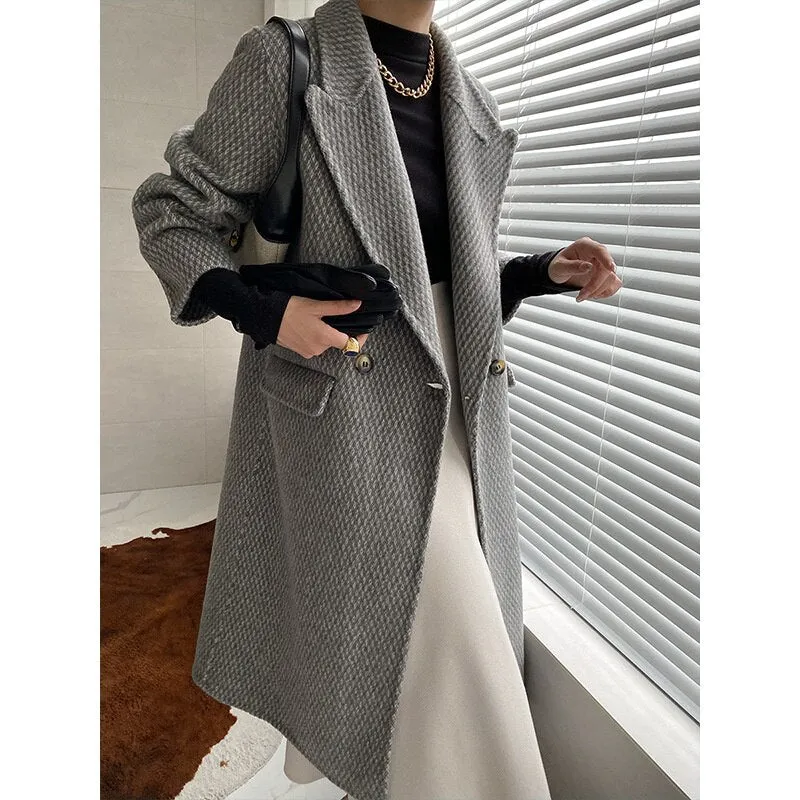 Long Wool Tweed Coats Women's Woolen Coat Lapel Loose Lapel Long Coats