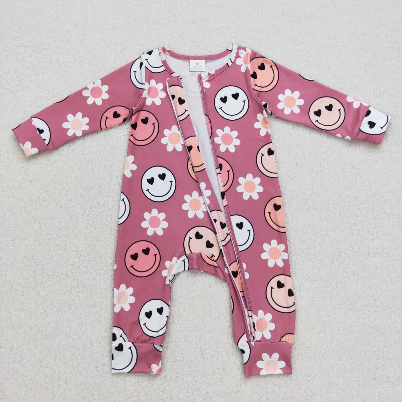 LR0649 baby cartoon smile face pink print zipper onesie