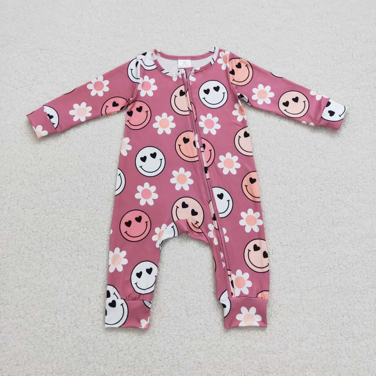 LR0649 baby cartoon smile face pink print zipper onesie