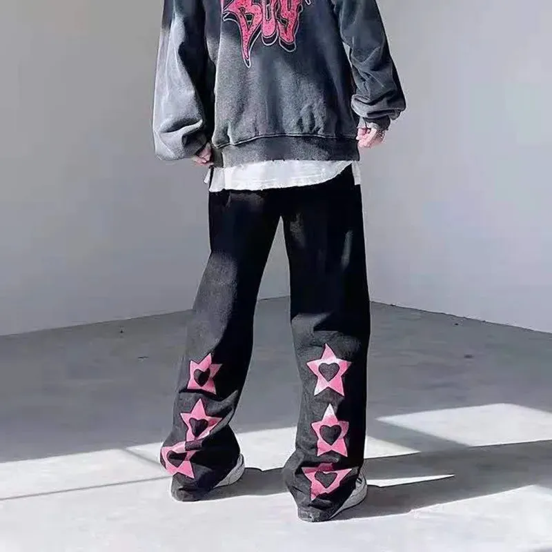 Luxury Designer Y2K Jeans | Pink Love Star Print | High Street Baggy Jeans For Mens