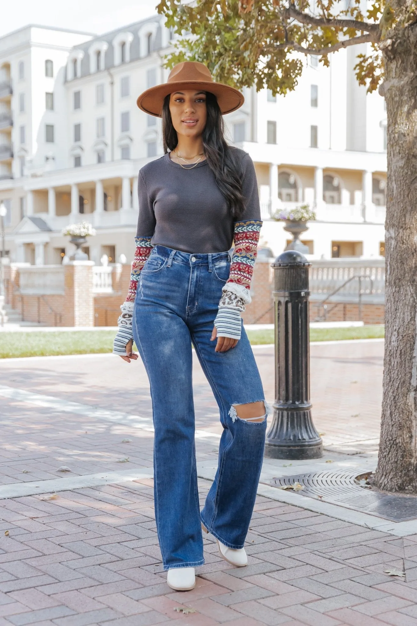 Medium Wash 90s High Rise Destroyed Flare Jeans - FINAL SALE