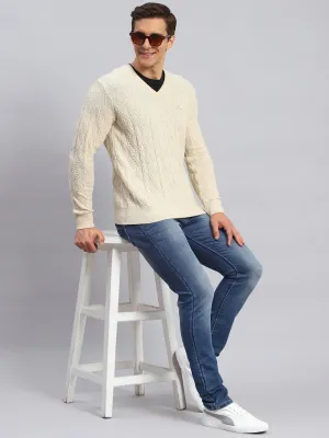 Men Beige Self Design Lamb wool Pullover