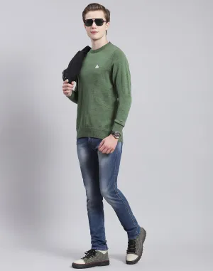 Men Green Solid Round Neck Full Sleeve Sweater