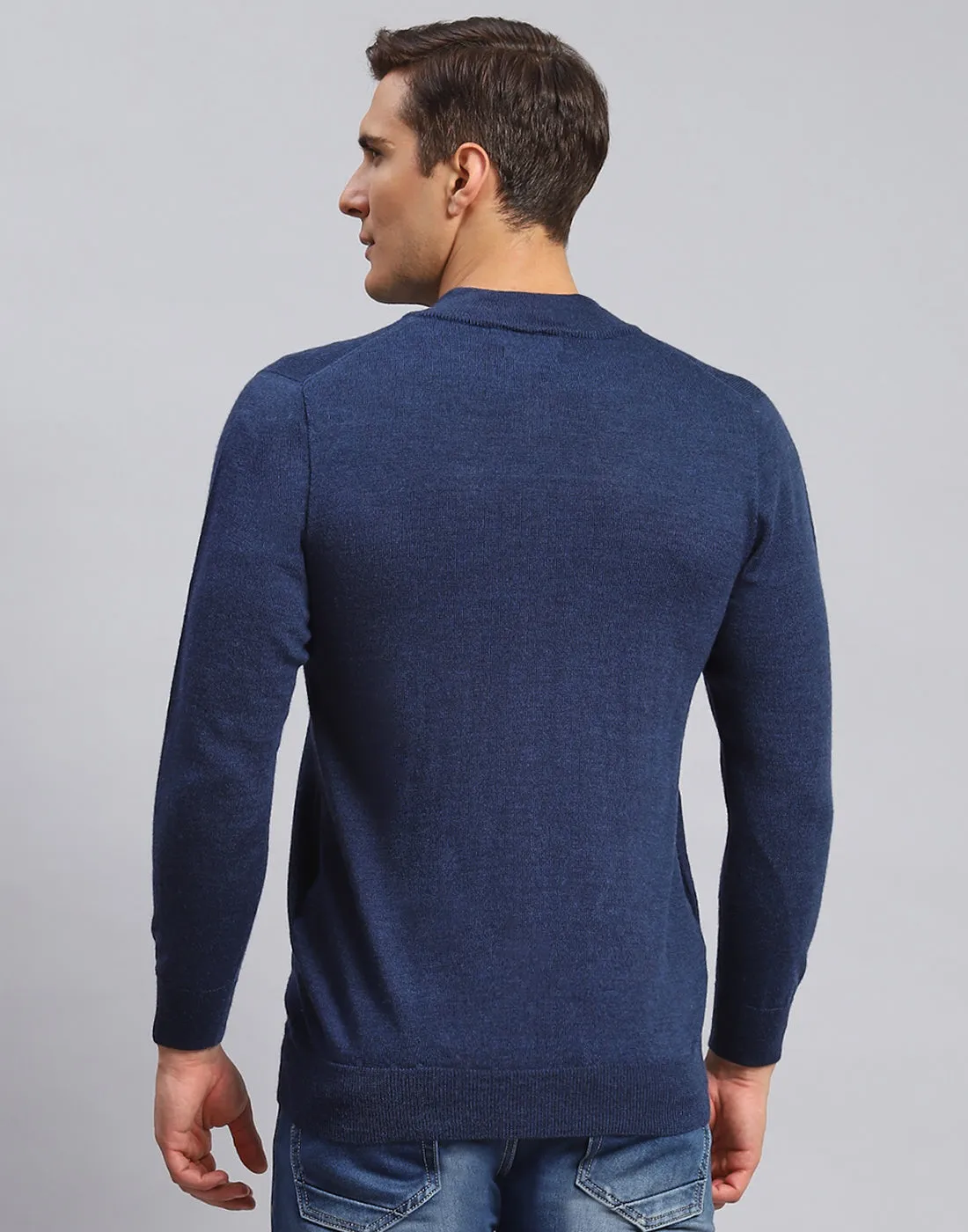 Men Navy Blue Solid Stand Collar Full Sleeve Pullover