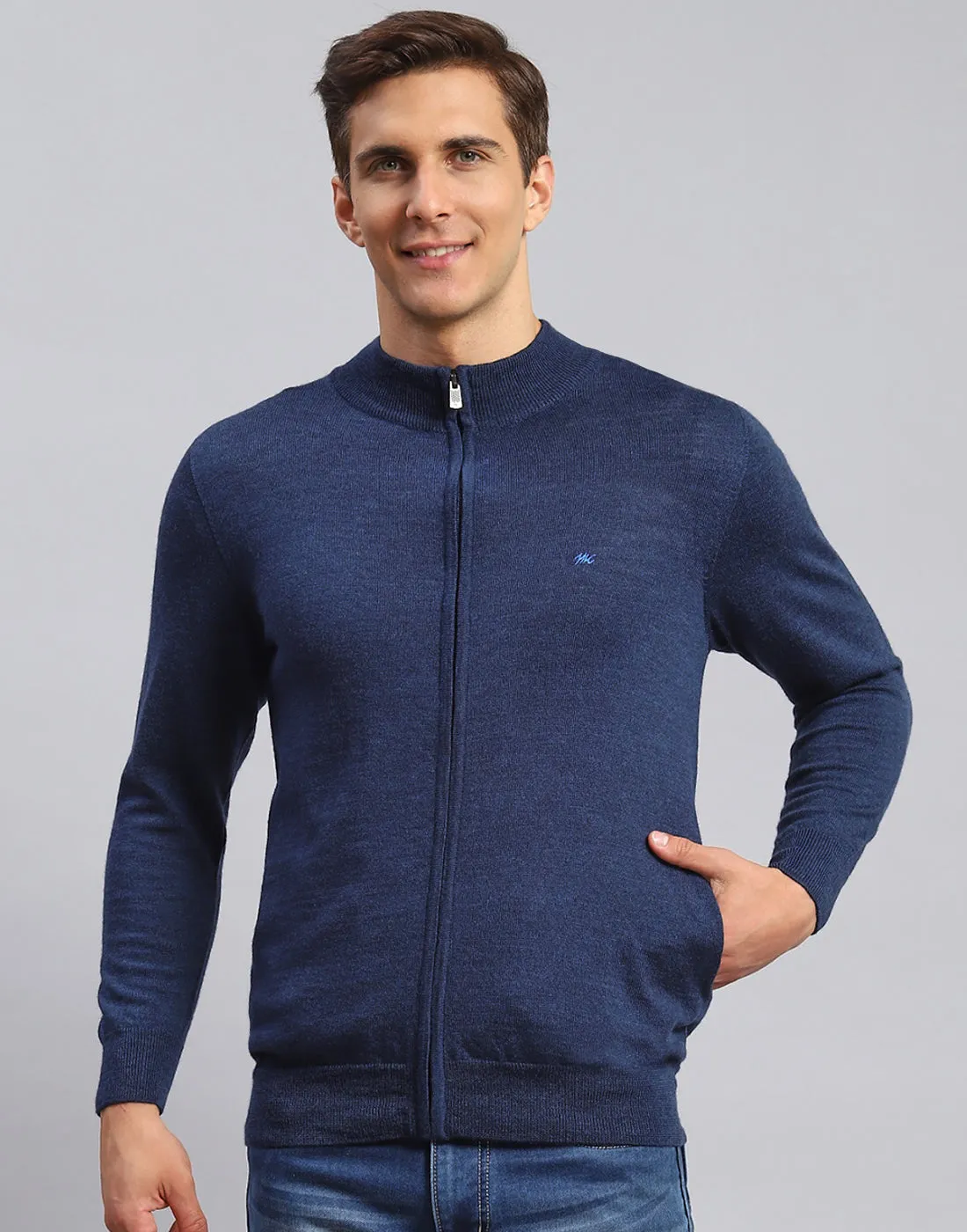 Men Navy Blue Solid Stand Collar Full Sleeve Pullover