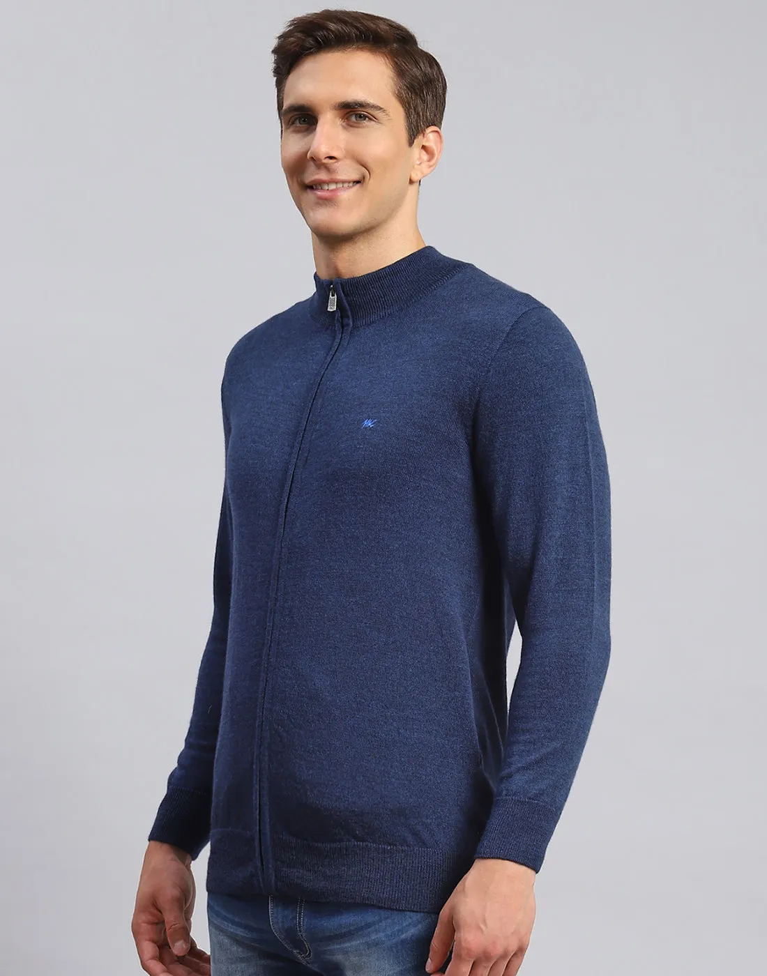 Men Navy Blue Solid Stand Collar Full Sleeve Pullover