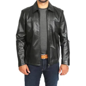 Mens Classic Zip Fasten Box Leather Jacket Tony Black