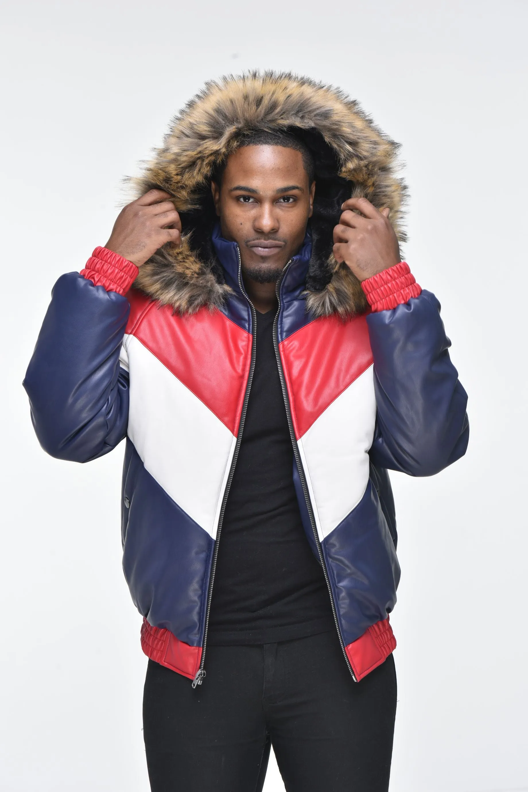 Men’s Faux Leather V Bomber Jacket with Detachable Faux Fur Hood - Red, White, Blue