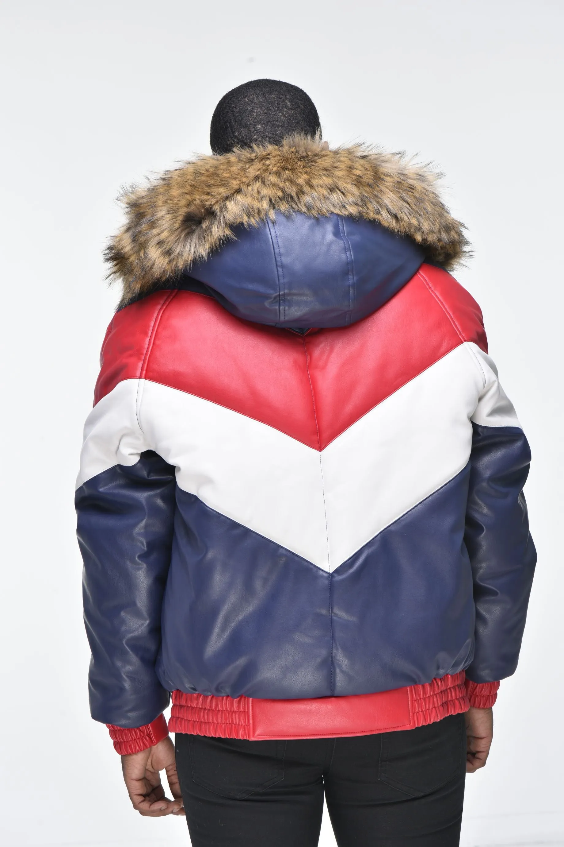 Men’s Faux Leather V Bomber Jacket with Detachable Faux Fur Hood - Red, White, Blue