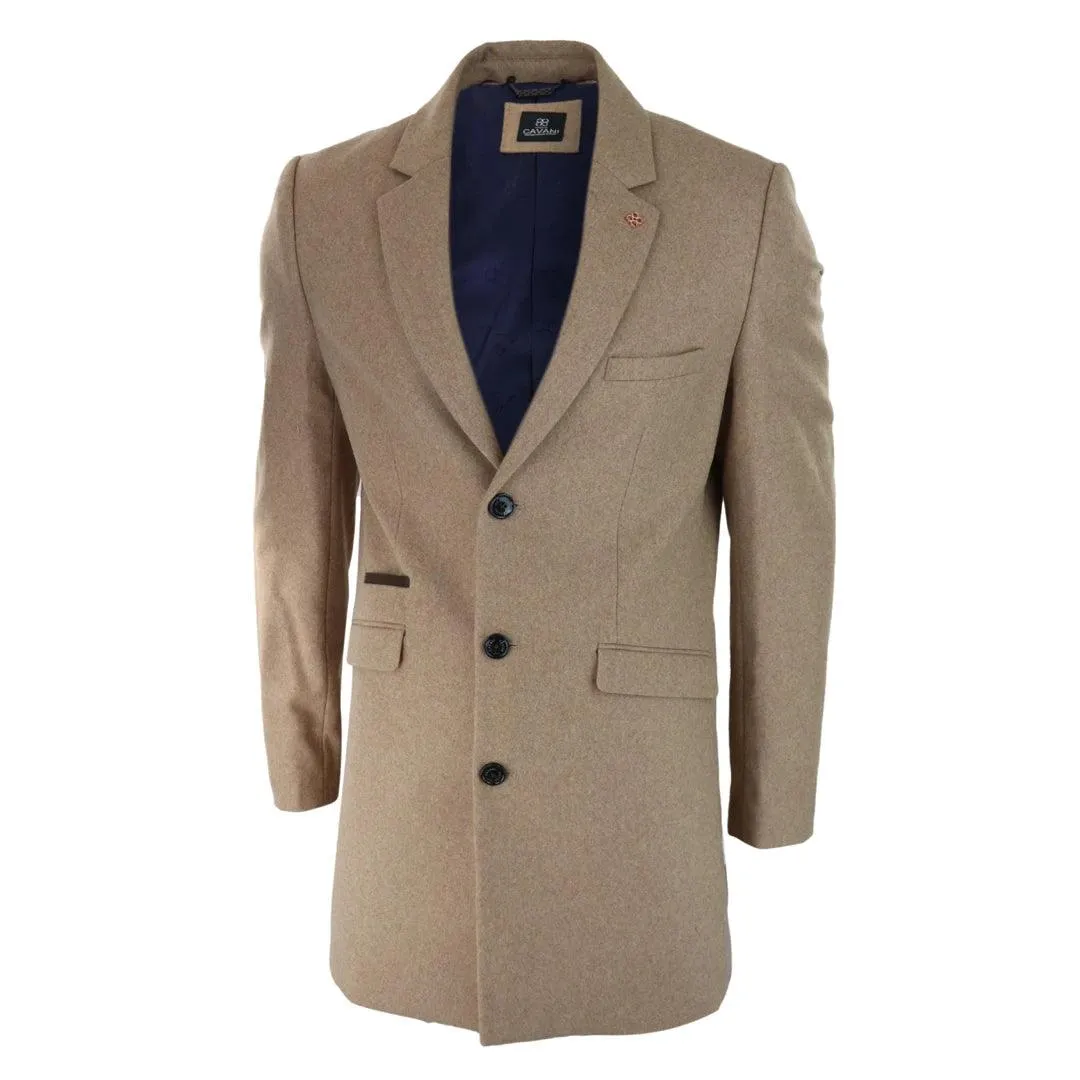 Mens Smart Casual 3/4 Wool Overcoat Jacket Herringbone Tweed 3 Button Coat