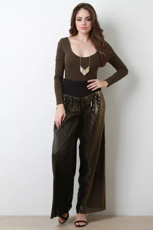 Metallic Accordion Pleated Wide Leg Pants