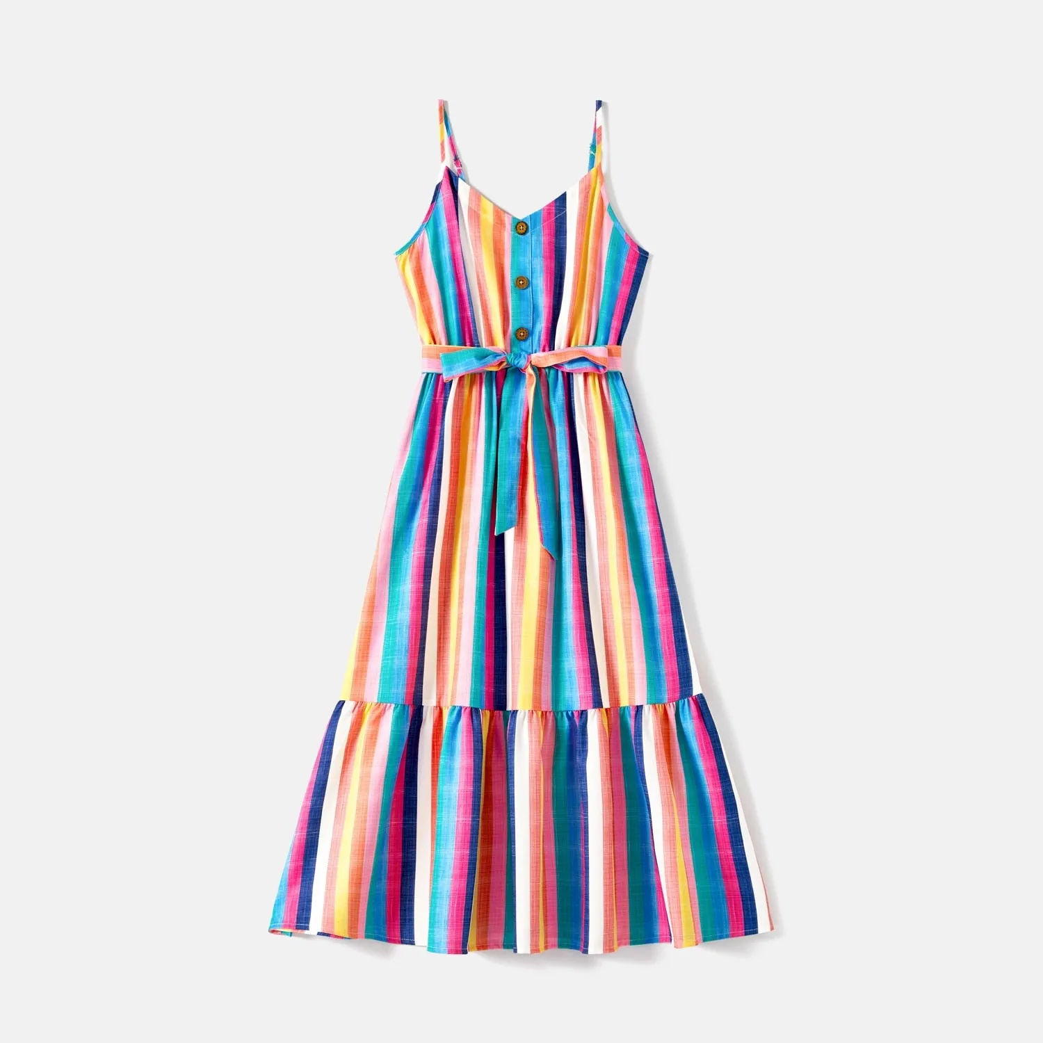 Mommy and Me Dresses Sleeveless Colorful Striped Belted Dresses