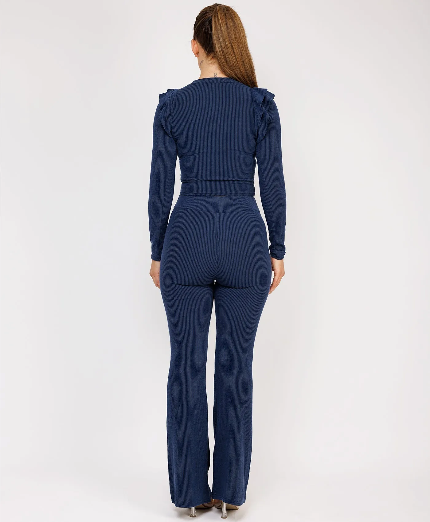 Navy Ribbed Frill Shoulder Long Sleeve Top & Flared Trouser Set