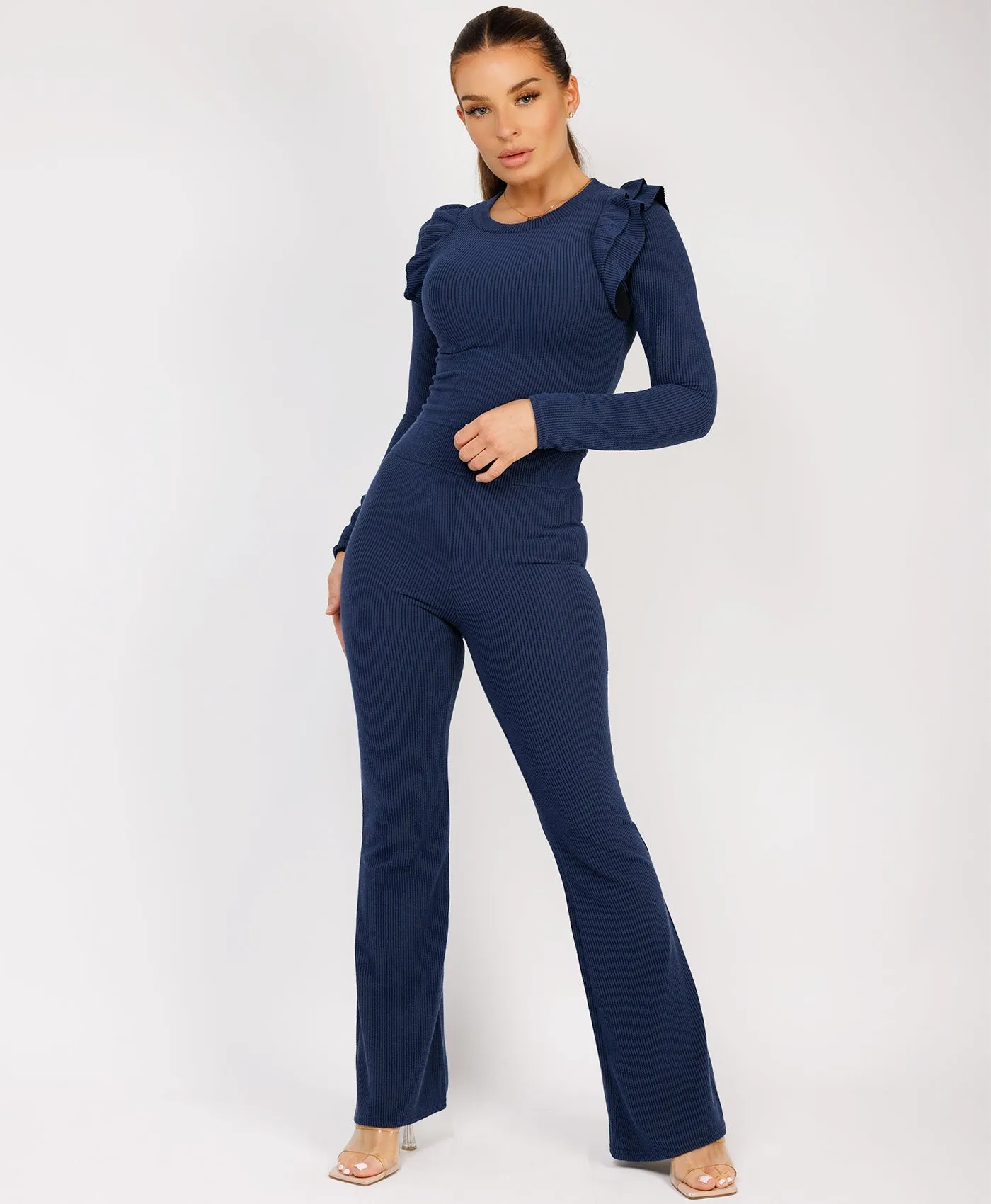 Navy Ribbed Frill Shoulder Long Sleeve Top & Flared Trouser Set