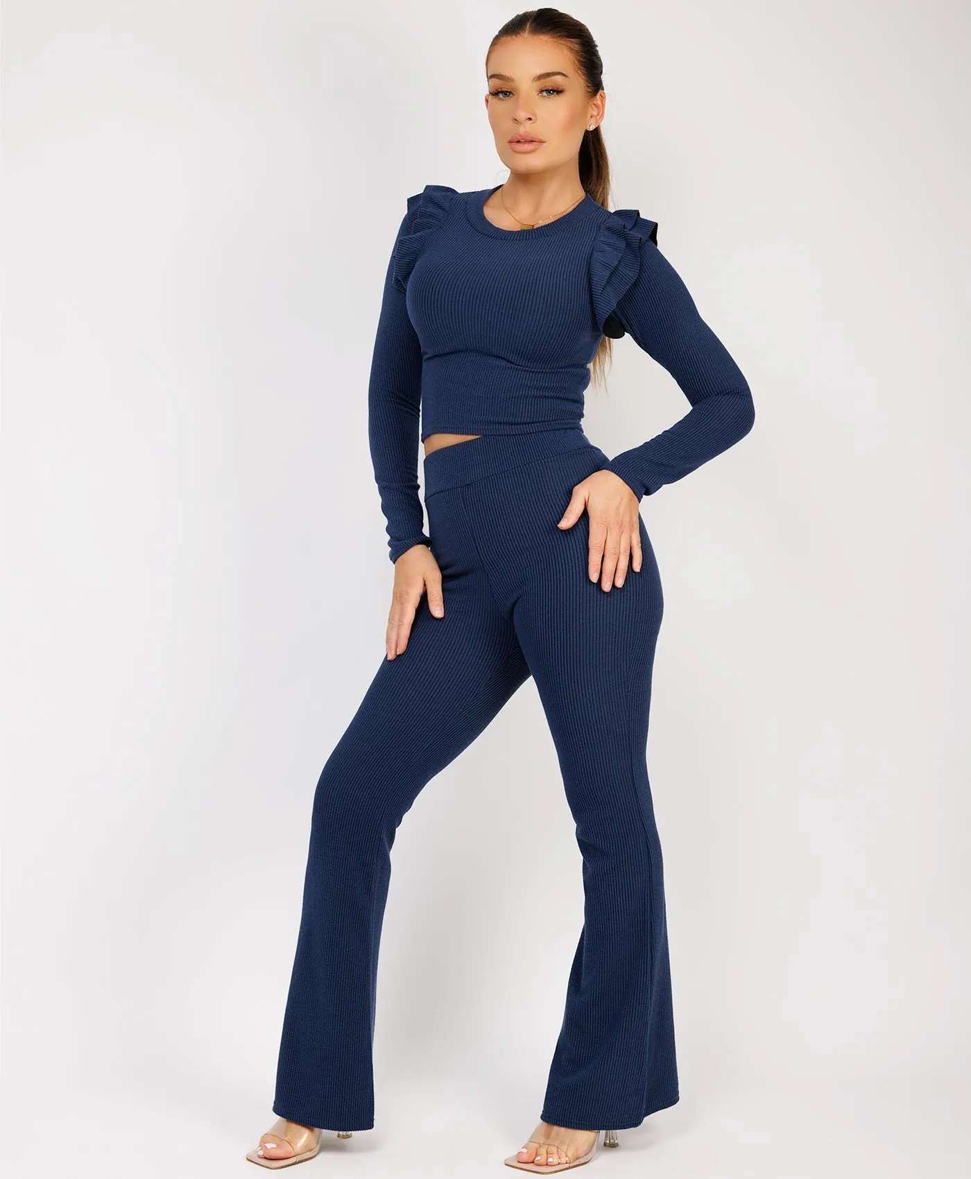 Navy Ribbed Frill Shoulder Long Sleeve Top & Flared Trouser Set