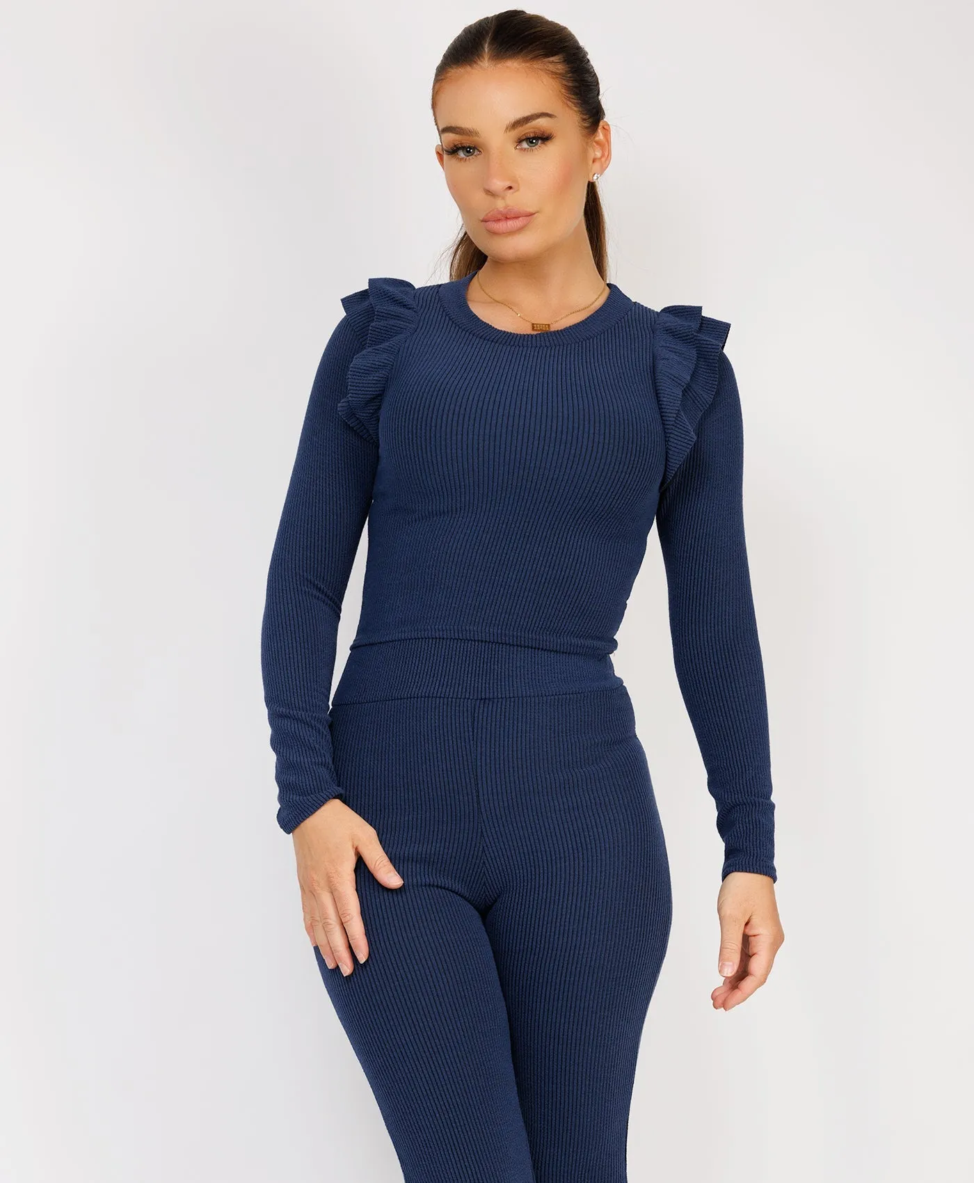 Navy Ribbed Frill Shoulder Long Sleeve Top & Flared Trouser Set