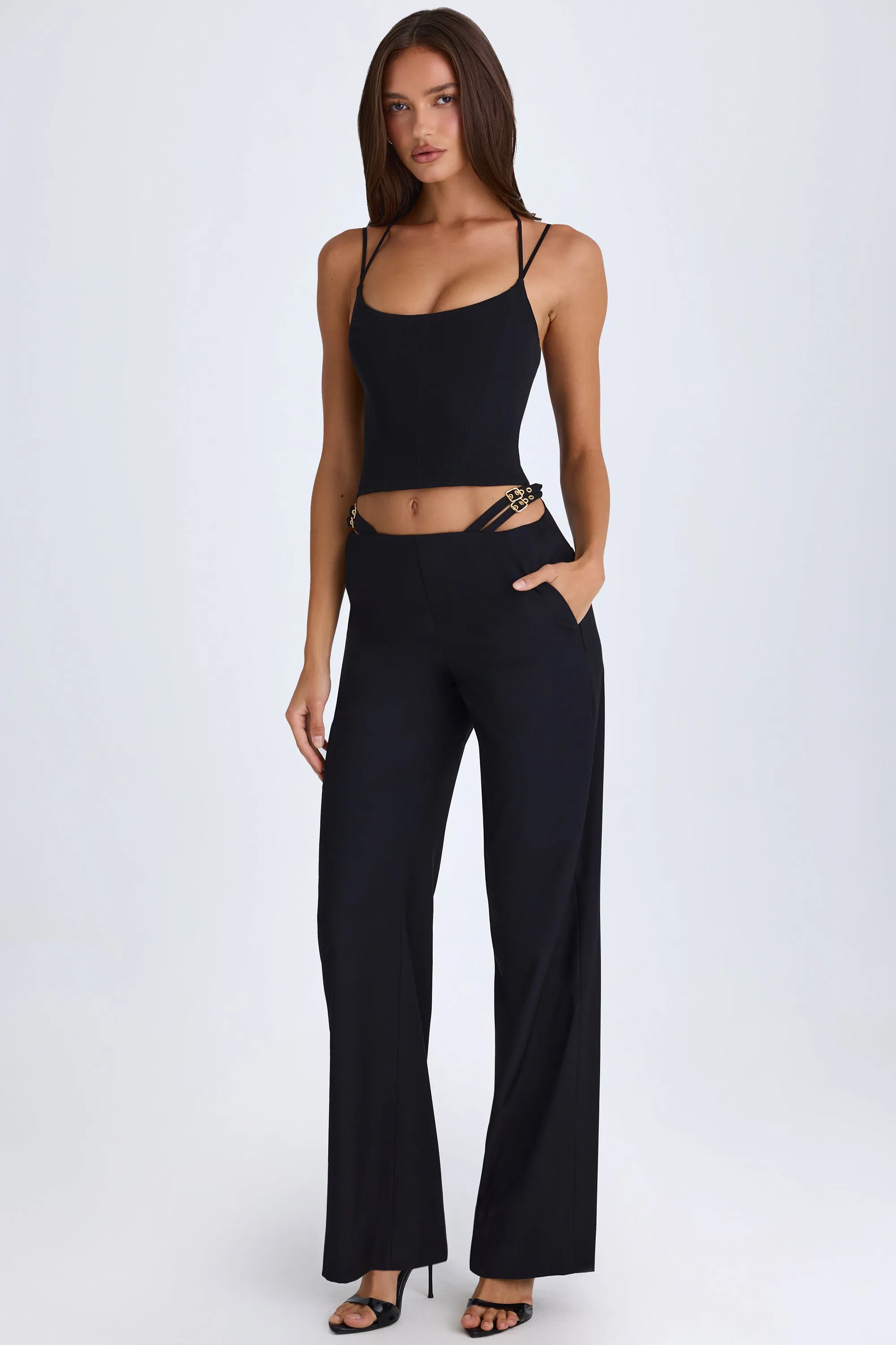 Petite Belted Cut-Out Wide-Leg Trousers in Black