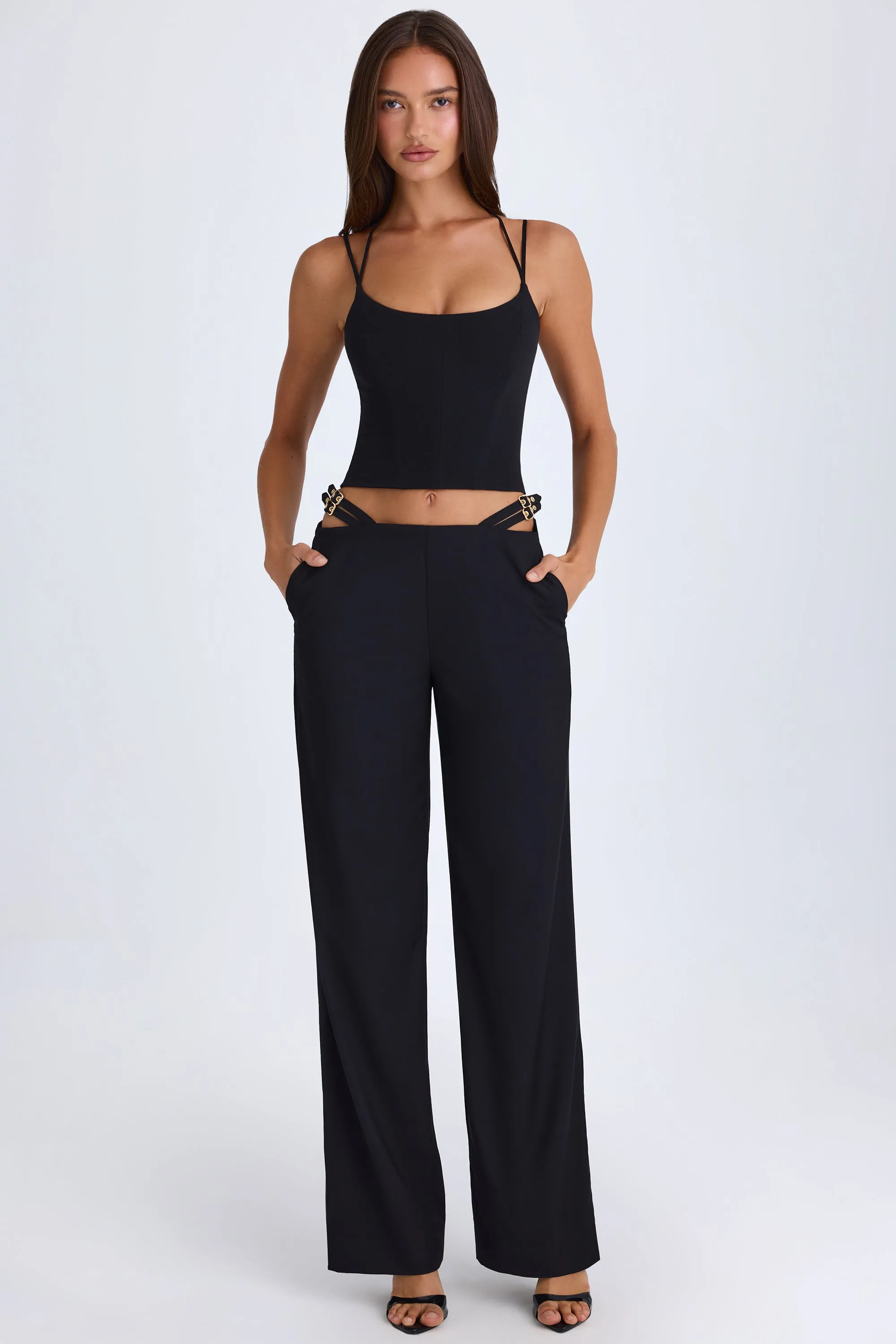 Petite Belted Cut-Out Wide-Leg Trousers in Black