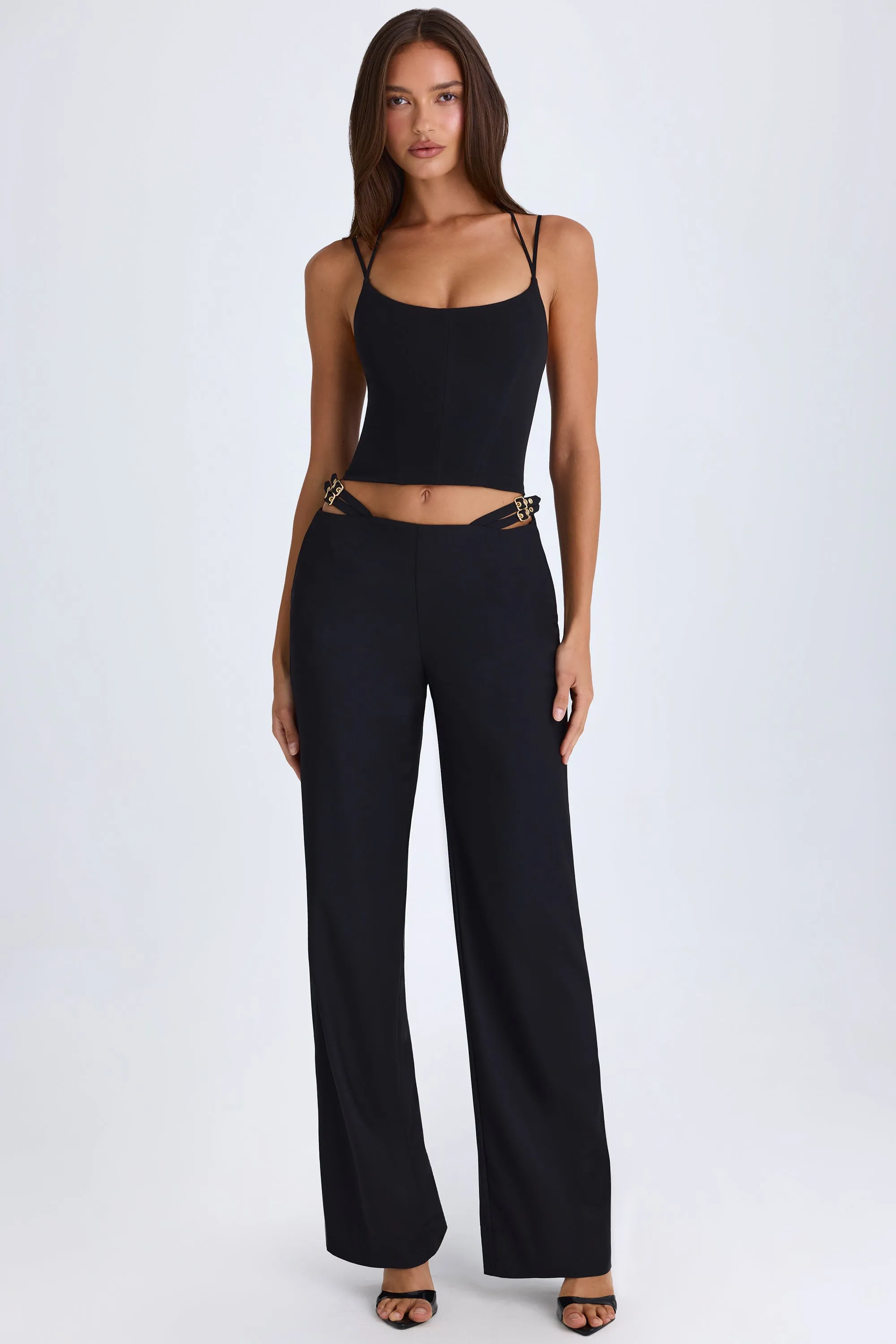 Petite Belted Cut-Out Wide-Leg Trousers in Black