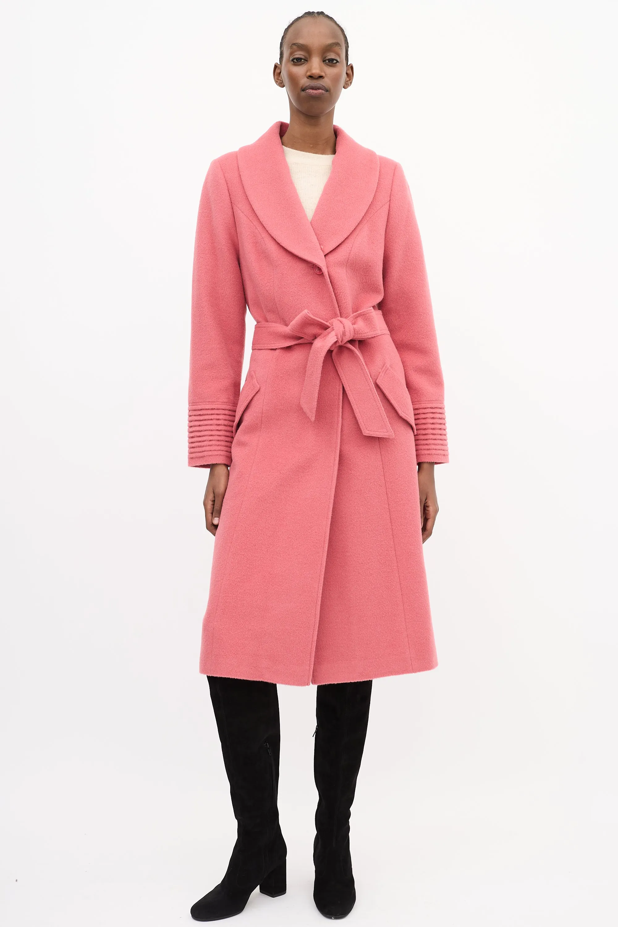 Pink Wool Belted Long Coat