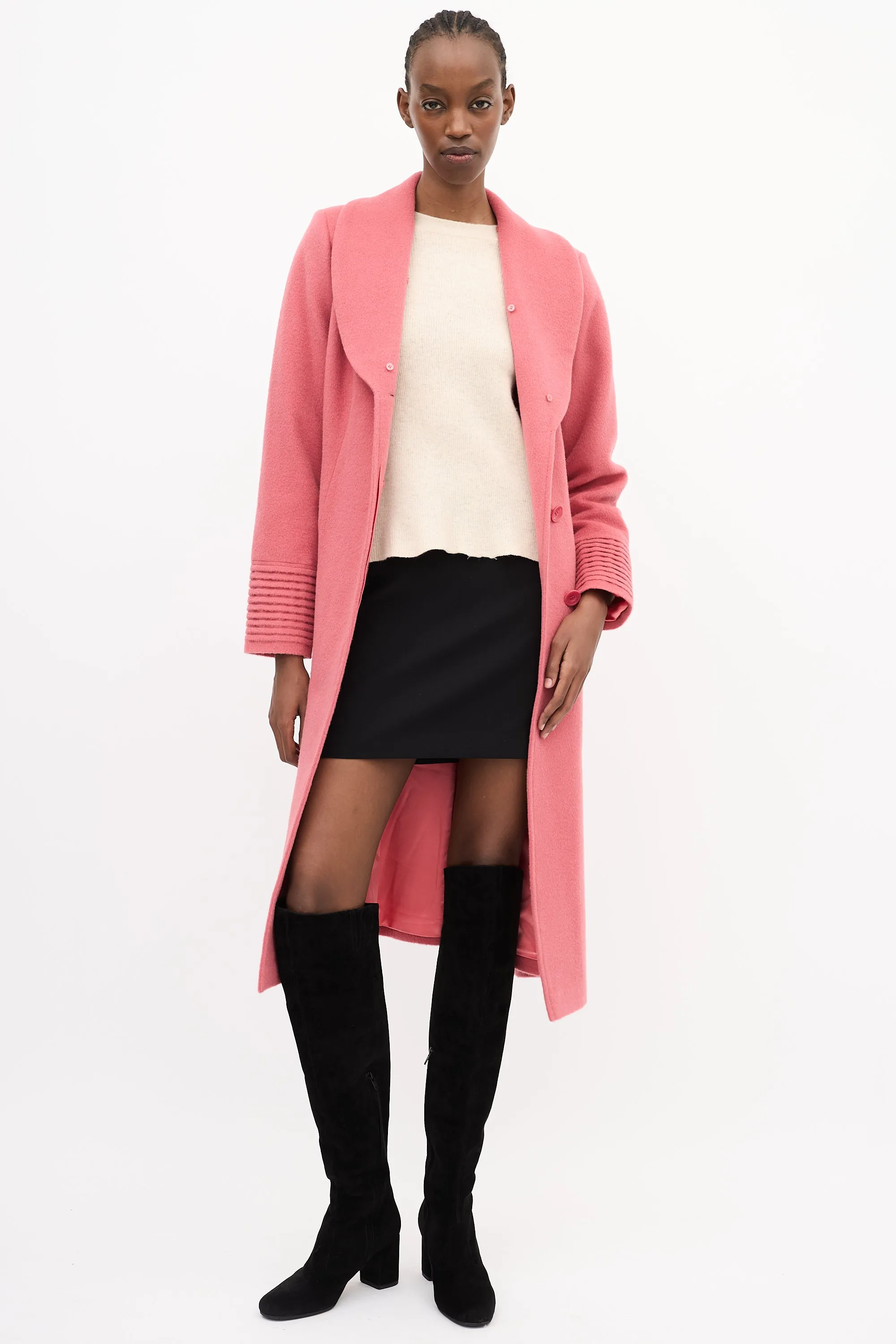 Pink Wool Belted Long Coat