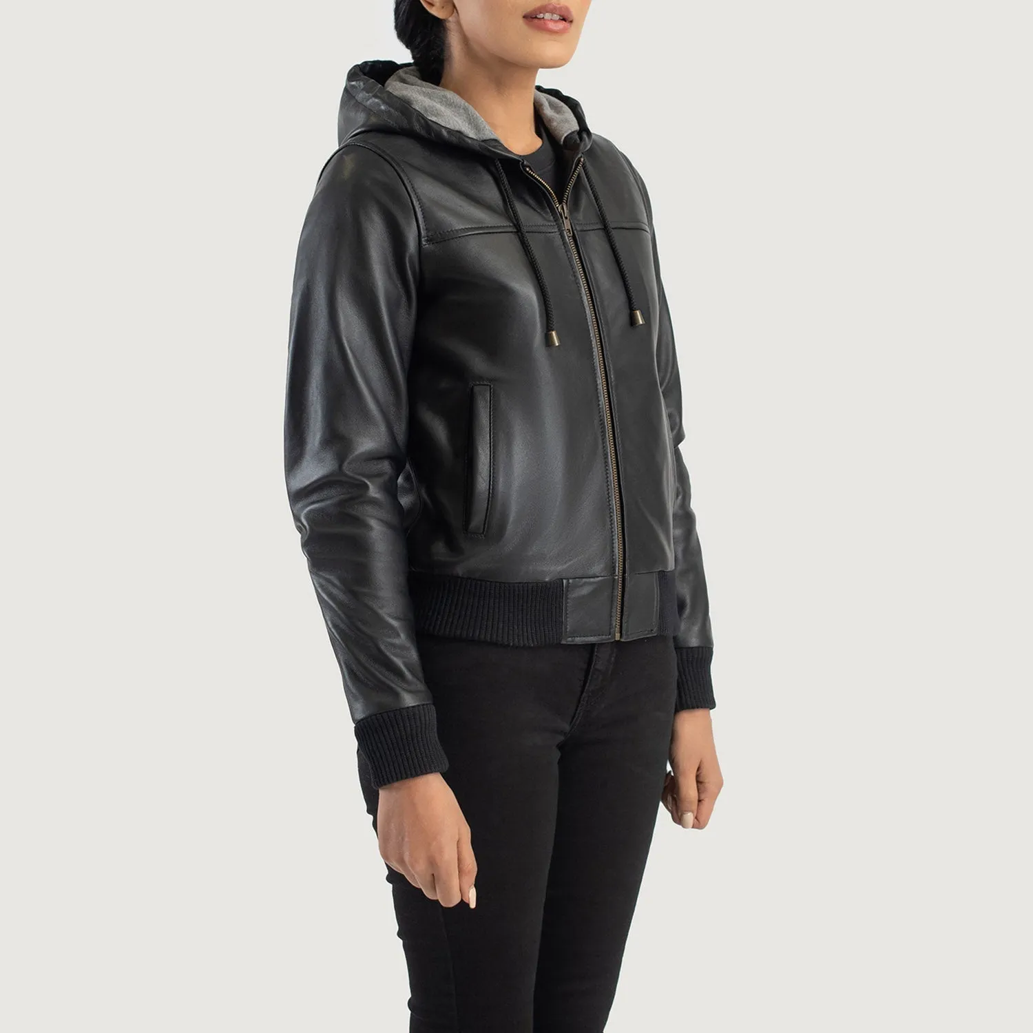 Rebella Black Hooded Leather Bomber Jacket