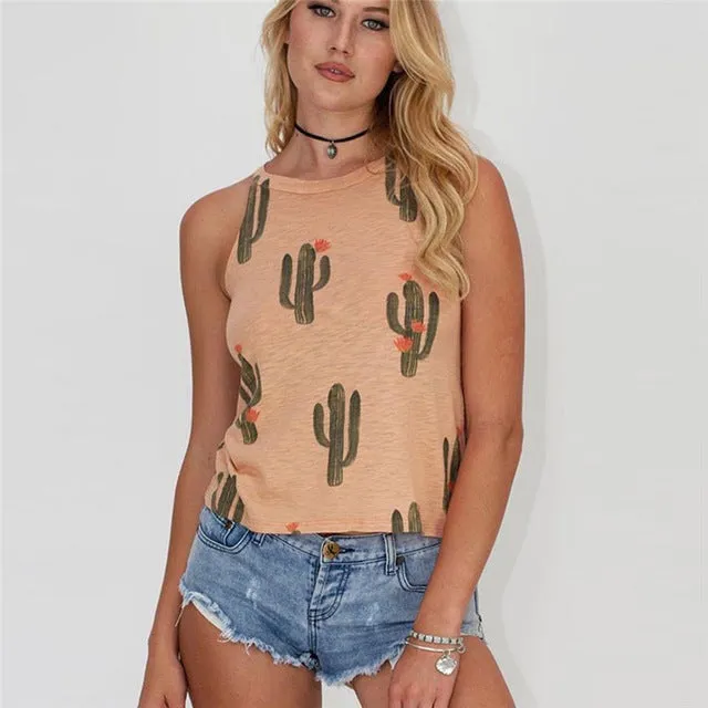 Sexy Sleeveless  Green Plant Cactus T Shirt for Summer