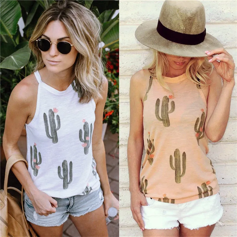 Sexy Sleeveless  Green Plant Cactus T Shirt for Summer