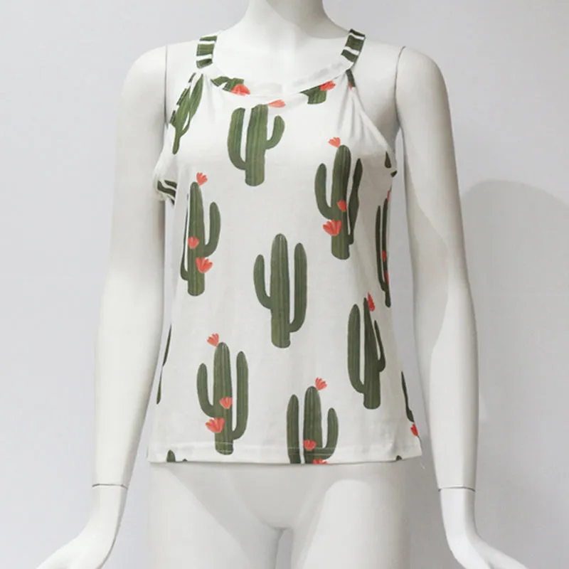 Sexy Sleeveless  Green Plant Cactus T Shirt for Summer