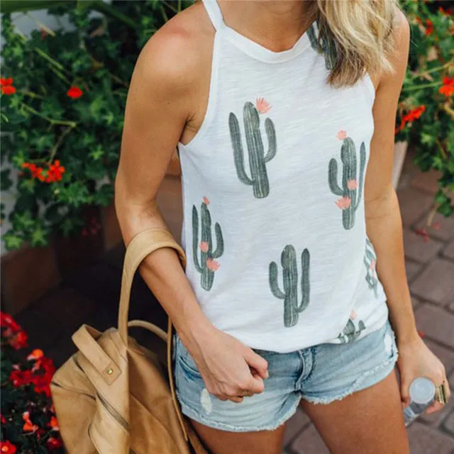 Sexy Sleeveless  Green Plant Cactus T Shirt for Summer