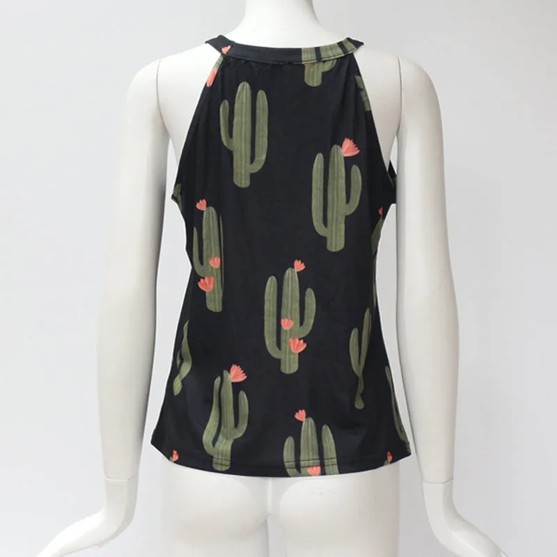 Sexy Sleeveless  Green Plant Cactus T Shirt for Summer