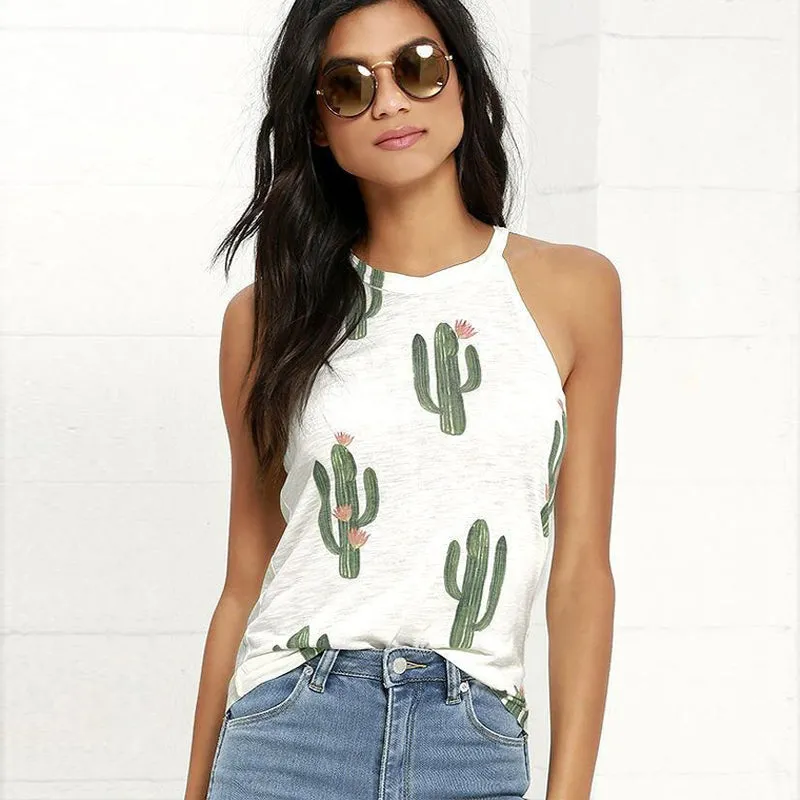 Sexy Sleeveless  Green Plant Cactus T Shirt for Summer