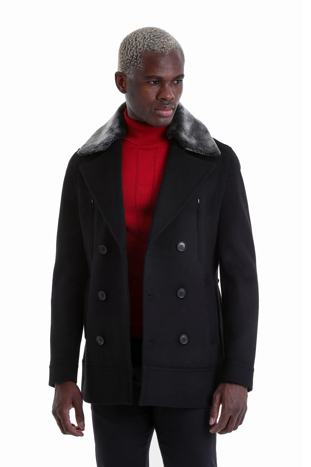 Slim Fit Cachet Double Breasted Black Wool Blend Coat