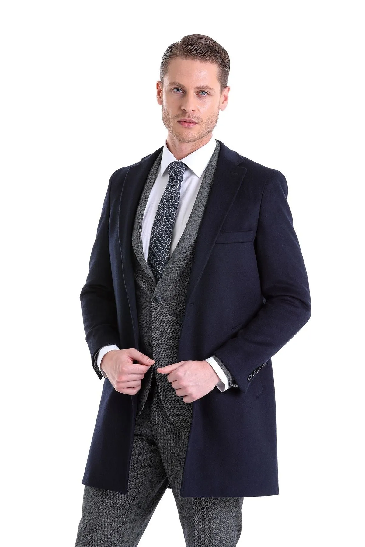 Slim Fit Cachet Notch Lapel Navy Wool Blend Overcoat