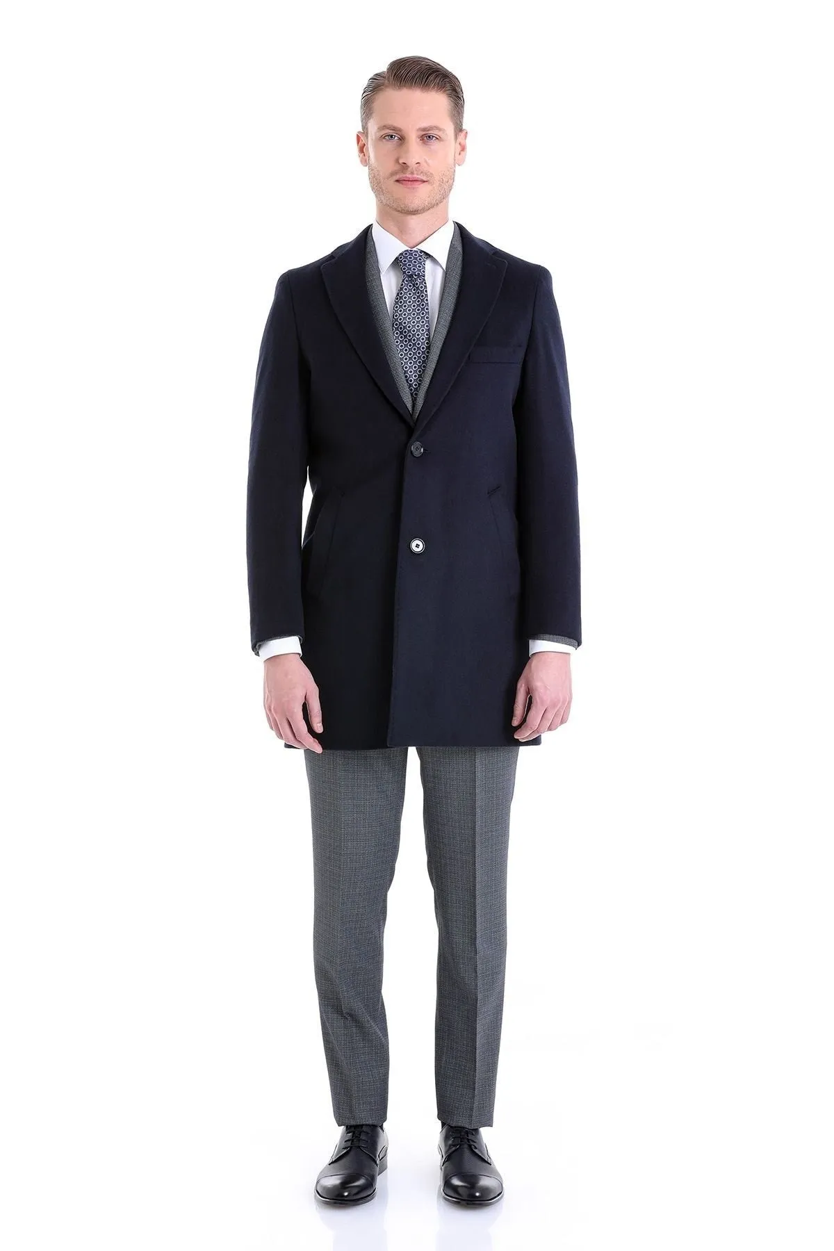 Slim Fit Cachet Notch Lapel Navy Wool Blend Overcoat