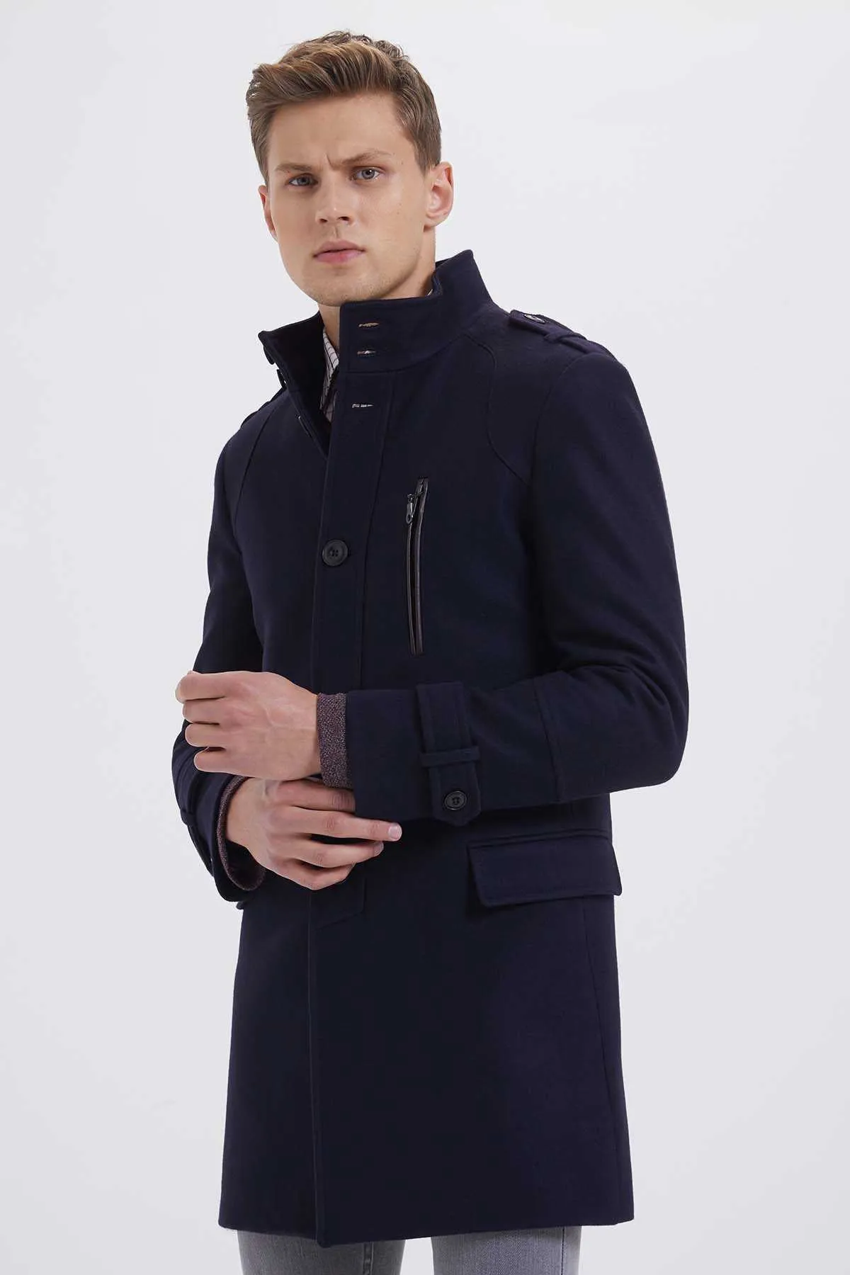 Slim Fit Stand Collar Wool Black Overcoat, Light Navy