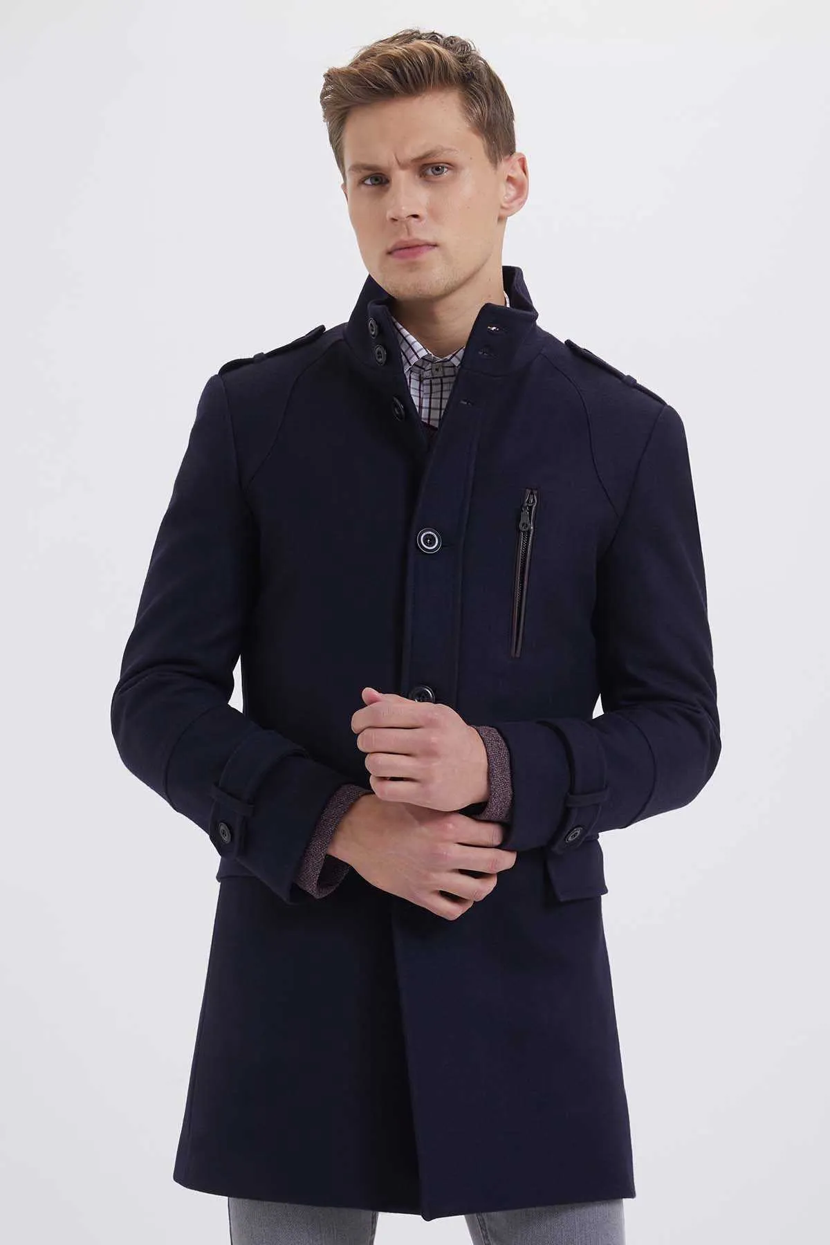 Slim Fit Stand Collar Wool Black Overcoat, Light Navy