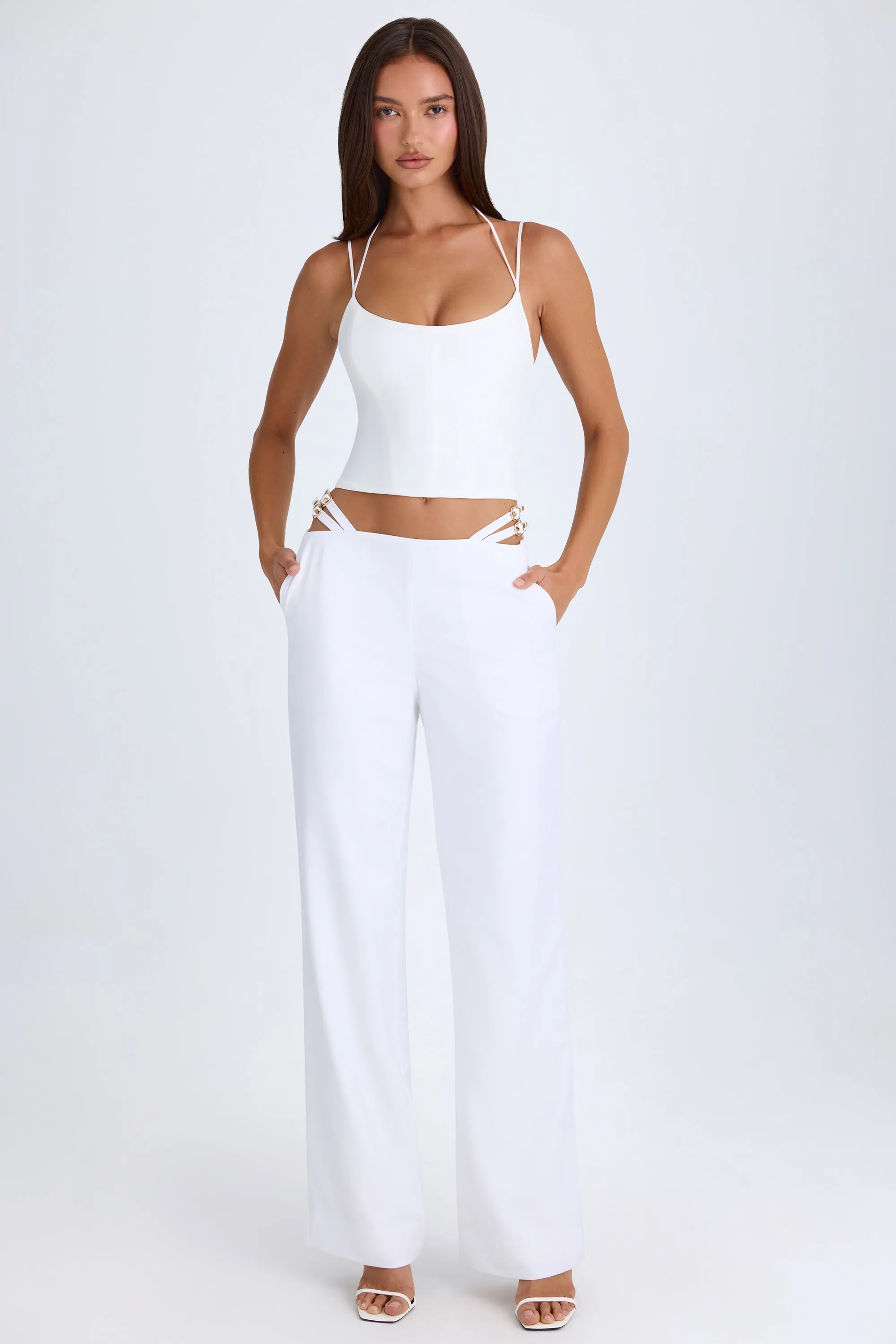 Tall Belted Cut-Out Wide-Leg Trousers in White