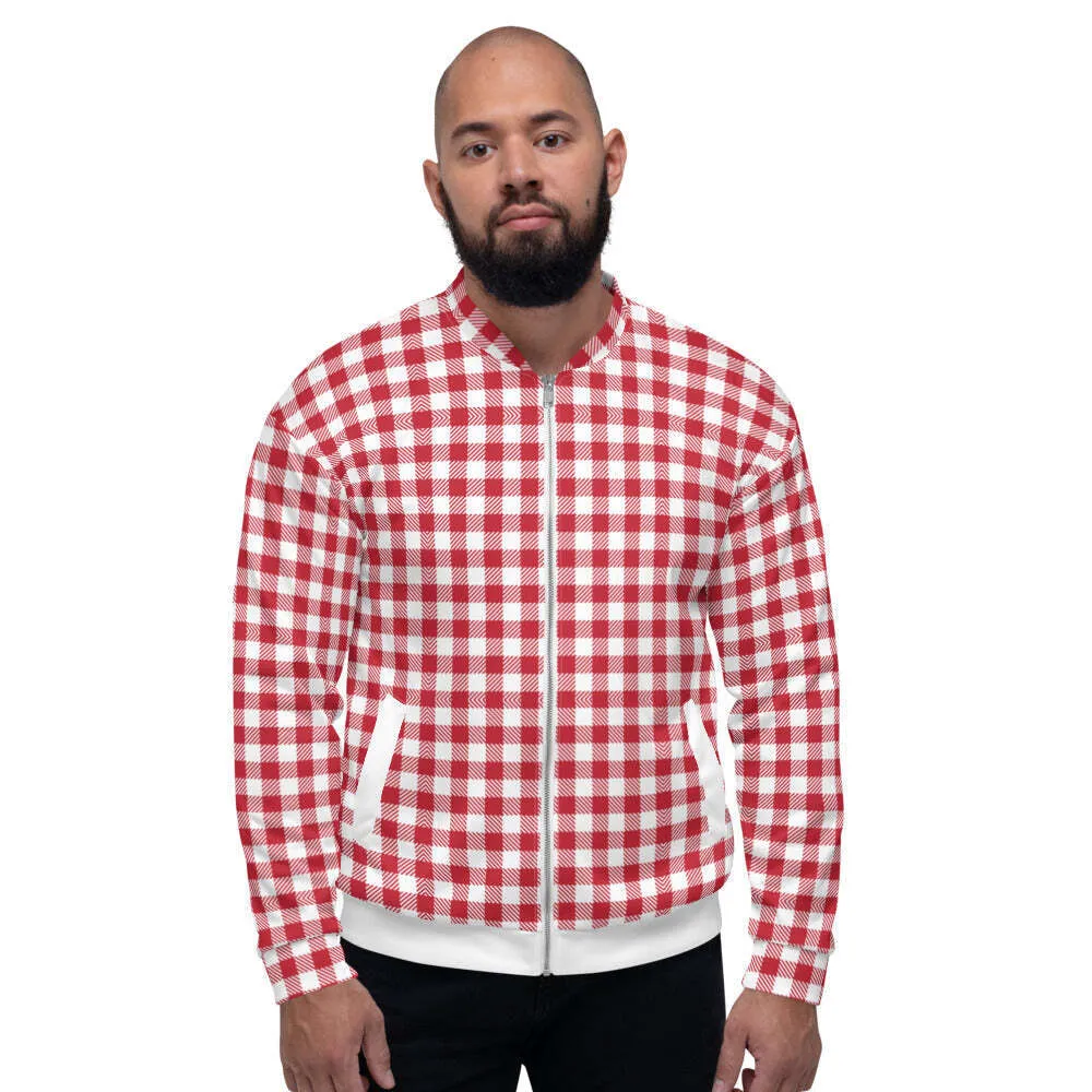 Uniquely You Mens Bomber Jacket / Buffalo Plaid Red and White Stripe - S1