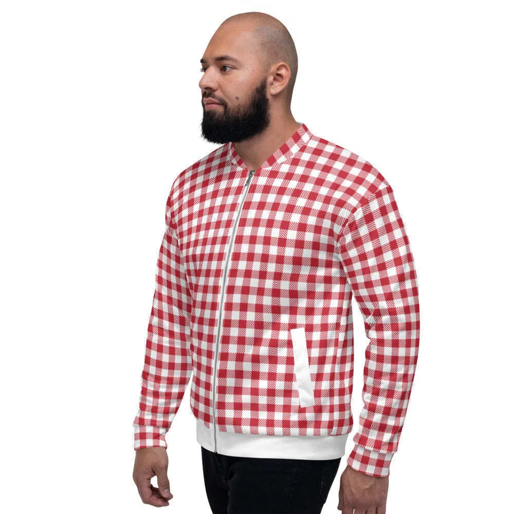 Uniquely You Mens Bomber Jacket / Buffalo Plaid Red and White Stripe - S1