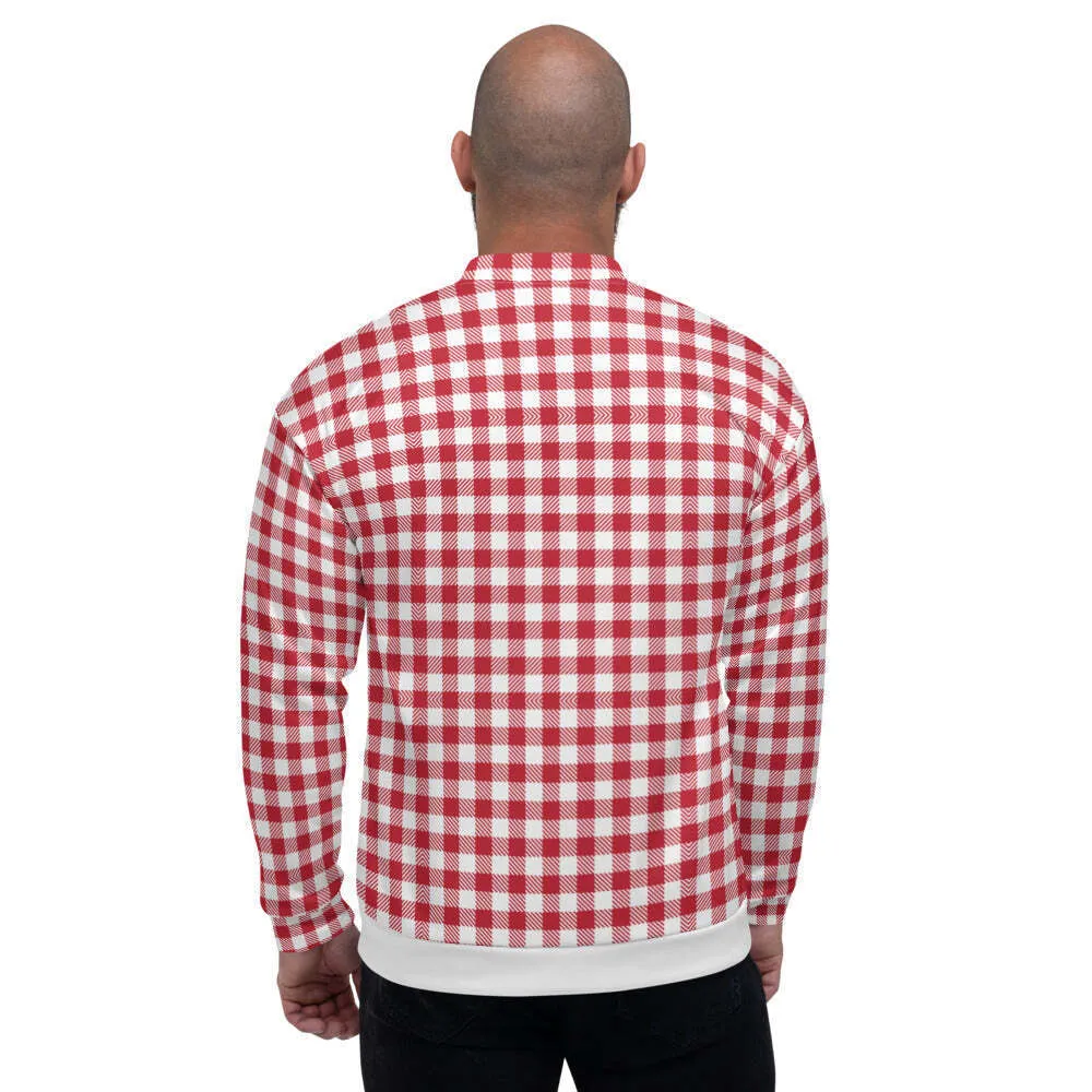 Uniquely You Mens Bomber Jacket / Buffalo Plaid Red and White Stripe - S1