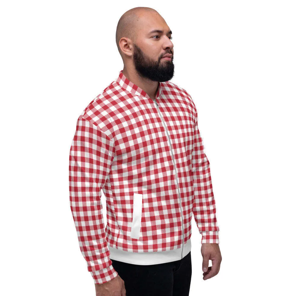 Uniquely You Mens Bomber Jacket / Buffalo Plaid Red and White Stripe - S1