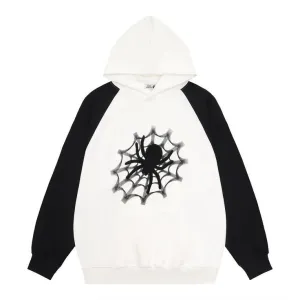 Vintage Spider Web Printed Oversized Y2K Pullover Hoodie