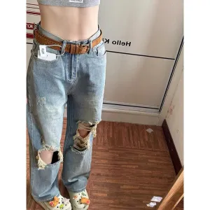 Wjczt cowgirl outfits American Retro Distressed Ripped Jeans Women's Autumn 2024 High Waist Loose Slimming Straight Wide Leg Trousers