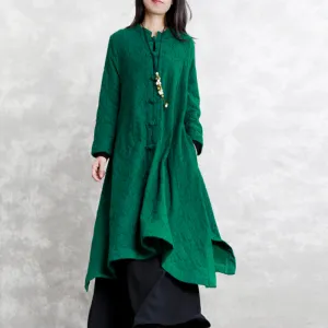 women green Wool blended Coat Loose fitting Stand asymmetric outwear boutique long sleeve pockets large hem trench coat