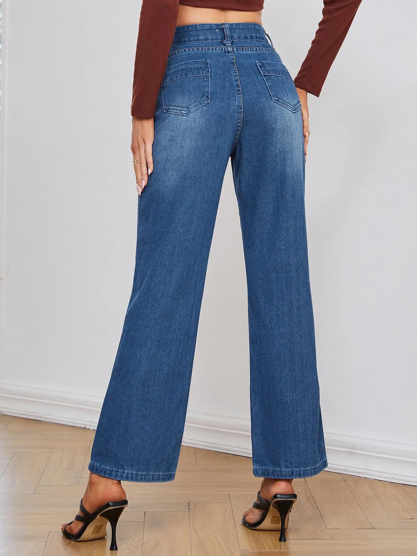 Women's High Waist Non Stretch Straight Leg Jeans