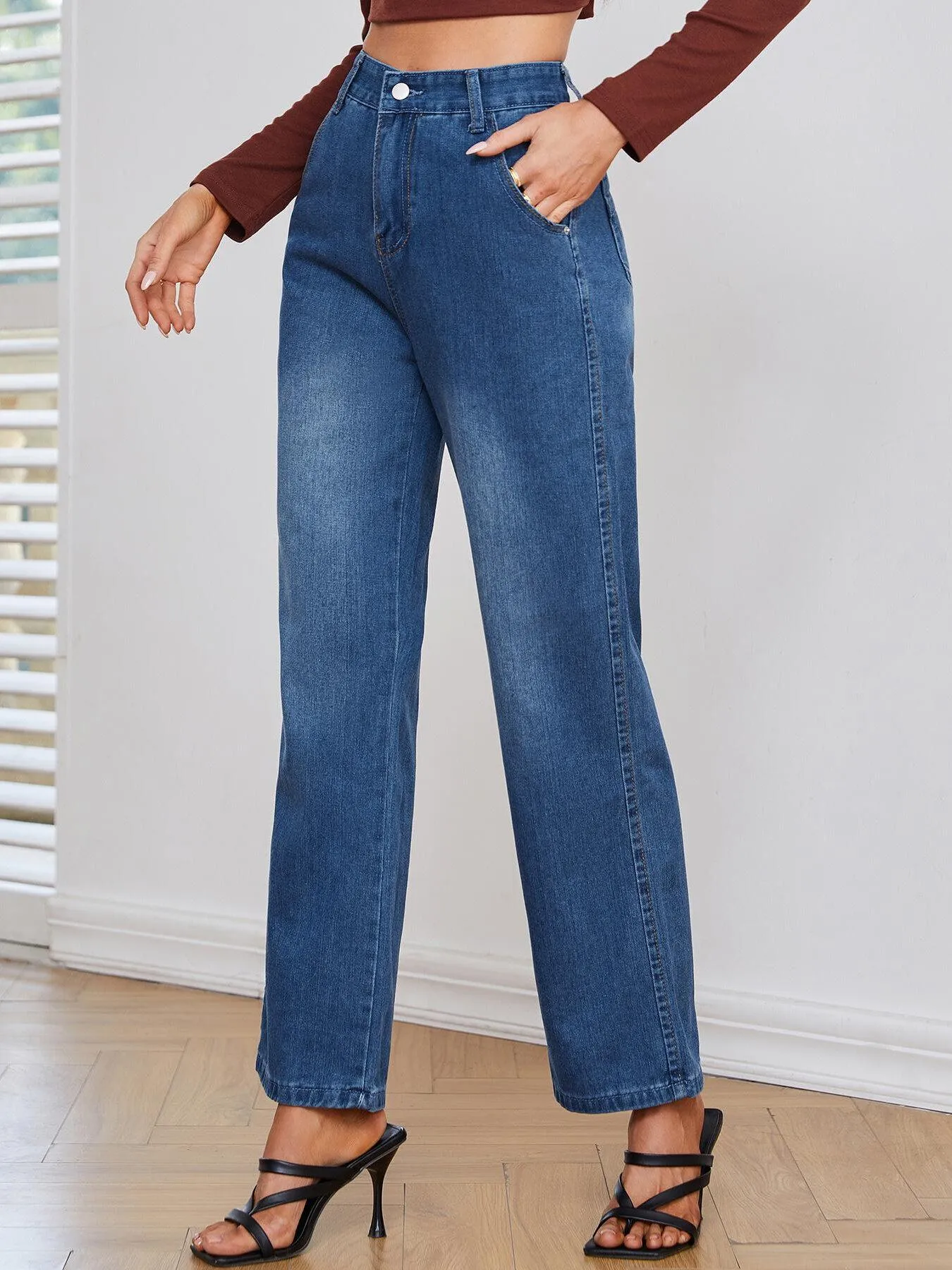 Women's High Waist Non Stretch Straight Leg Jeans