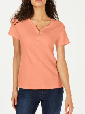 Women's Plain Solid Henley Top,Peach